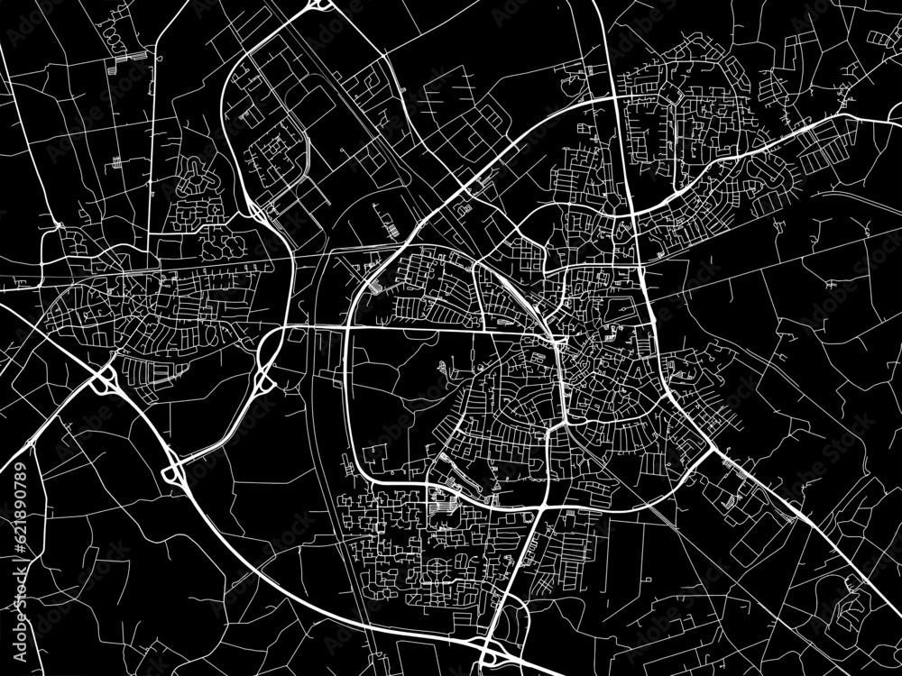 Vector road map of the city of  Almelo in the Netherlands with white roads on a black background.