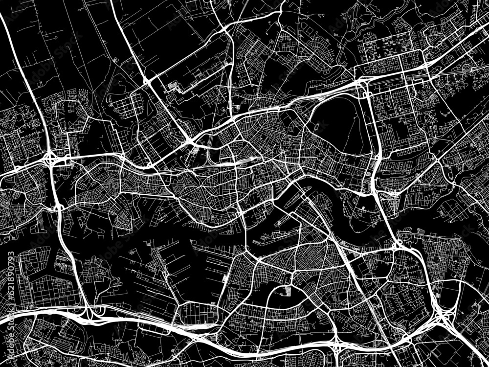 Vector road map of the city of  Rotterdam in the Netherlands with white roads on a black background.