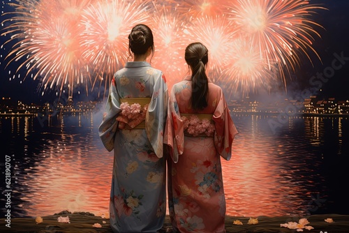 two girls wearing kimono watching firework show in night time, Generative Ai photo