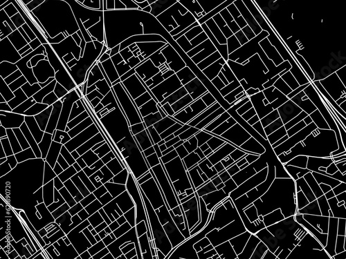Vector road map of the city of  Delft Centrum in the Netherlands with white roads on a black background.