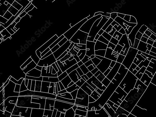 Vector road map of the city of Dordrecht Centrum in the Netherlands with white roads on a black background.