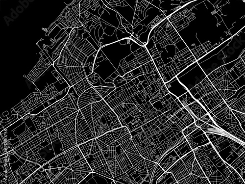 Vector road map of the city of  Den Haag in the Netherlands with white roads on a black background.