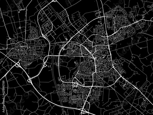 Vector road map of the city of Almelo in the Netherlands with white roads on a black background.