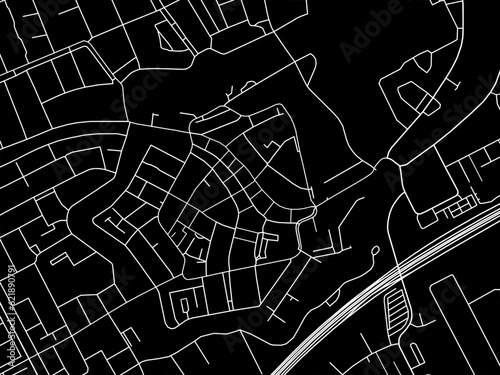Vector road map of the city of  Woerden Centrum in the Netherlands with white roads on a black background.