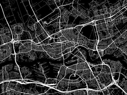 Vector road map of the city of Rotterdam in the Netherlands with white roads on a black background.