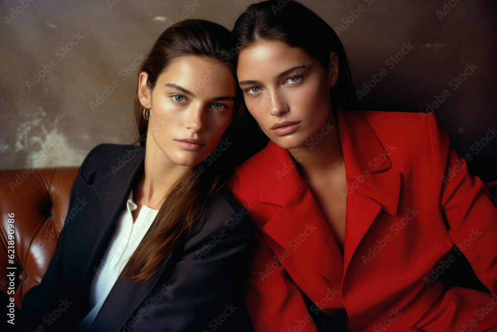 two female friends/models/lgbtq couple in magazine editorial fashion/beauty photo shoot standing in daylight setting style film photography look - generative ai art two female friends/models/lgbtq couple in magazine editorial fashion/beauty photo shoot standing in daylight setting style film photography look - generative ai art