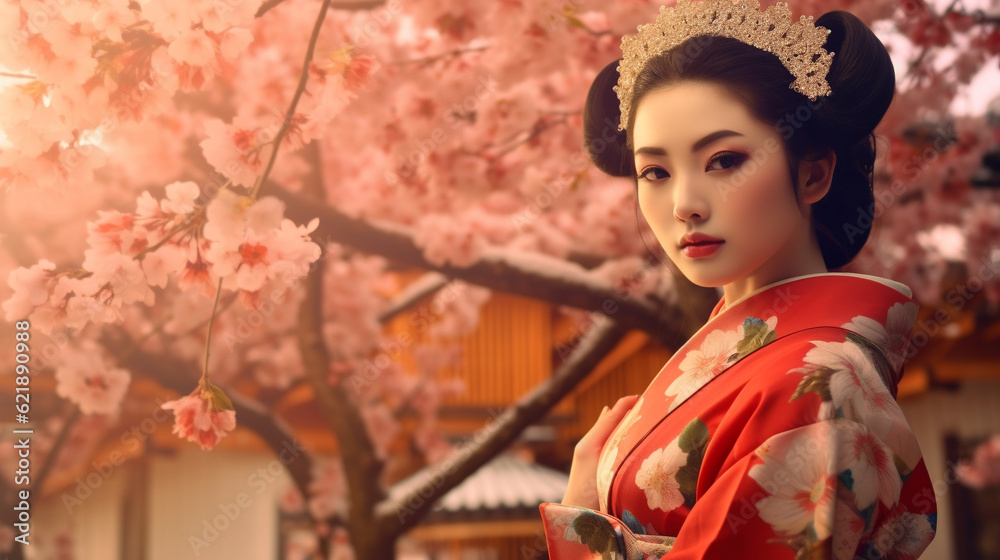 Generative ai. Asian girl traditional kimono and cherry garden Generative ai. Asian girl traditional kimono and cherry garden