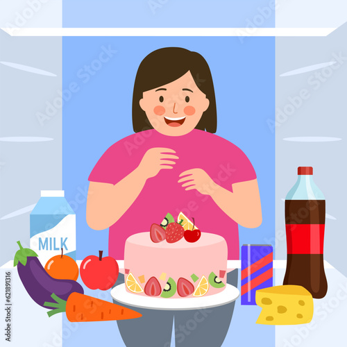 Fat woman looking at food in fridge vector illustration.