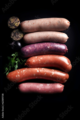 Assorted raw homemade sausages on black background. Flat lay, top view