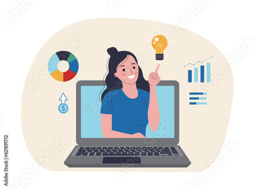 Business consulting or business coaching concept. A woman from a computer shows an idea against the background of growth charts indicators. Vector illustration.
