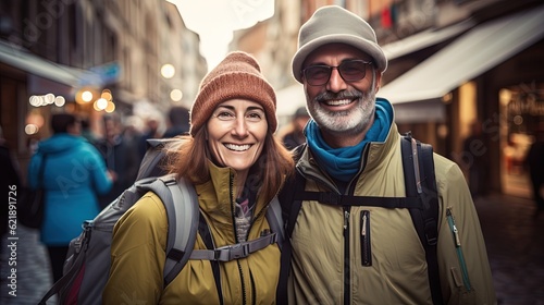 happy senior lover couple travel together, man and woman wearing sweater with lively bustling city street as background, silver gen lifestyle, Generative Ai