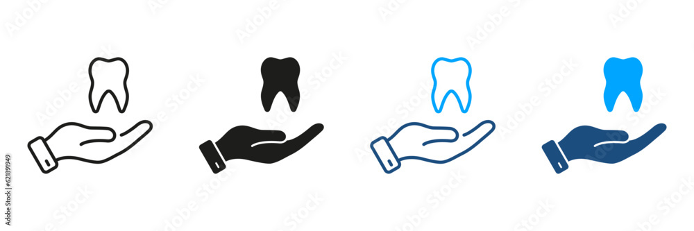 Obraz premium Dental Treatment, Stomatology Protection Pictogram. Tooth and Human Hand. Dental Care Silhouette and Line Icons Set. Dentistry, Dentist Support Symbol Collection. Isolated Vector Illustration