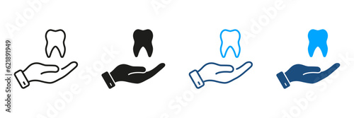 Dental Treatment, Stomatology Protection Pictogram. Tooth and Human Hand. Dental Care Silhouette and Line Icons Set. Dentistry, Dentist Support Symbol Collection. Isolated Vector Illustration