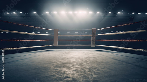 Boxing arena with blurred spectator and stadium light