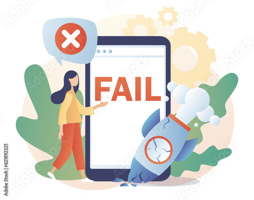 Fail notification on smartphone screen. Crash launching space rocket metaphor failure business start up. Unsuccessful businessman. Modern flat cartoon style. Vector illustration on white background