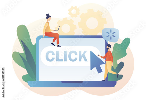 Cursor pointer sign. Click here button on laptop screen. Tiny people with huge mouse arrow click. Internet concept. Modern flat cartoon style. Vector illustration on white background