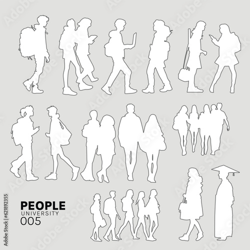 Architectural Drawings people vector illustration, walking in university, human person Minimal style hand drawn. Sections, Elevations, Floor Plans.