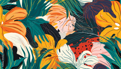Trendy exotic jungle plants illustration pattern. Creative collage contemporary floral seamless pattern. Fashionable template for design.