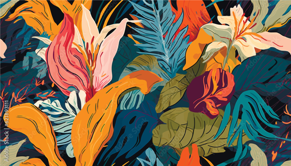 Trendy exotic jungle plants illustration pattern. Creative collage contemporary floral seamless pattern. Fashionable template for design. Trendy exotic jungle plants illustration pattern. Creative collage contemporary floral seamless pattern. Fashionable template for design.