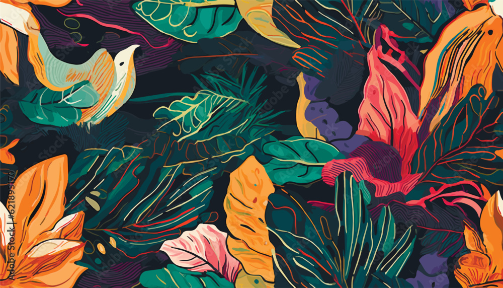 Trendy exotic jungle plants illustration pattern. Creative collage contemporary floral seamless pattern. Fashionable template for design. Trendy exotic jungle plants illustration pattern. Creative collage contemporary floral seamless pattern. Fashionable template for design.