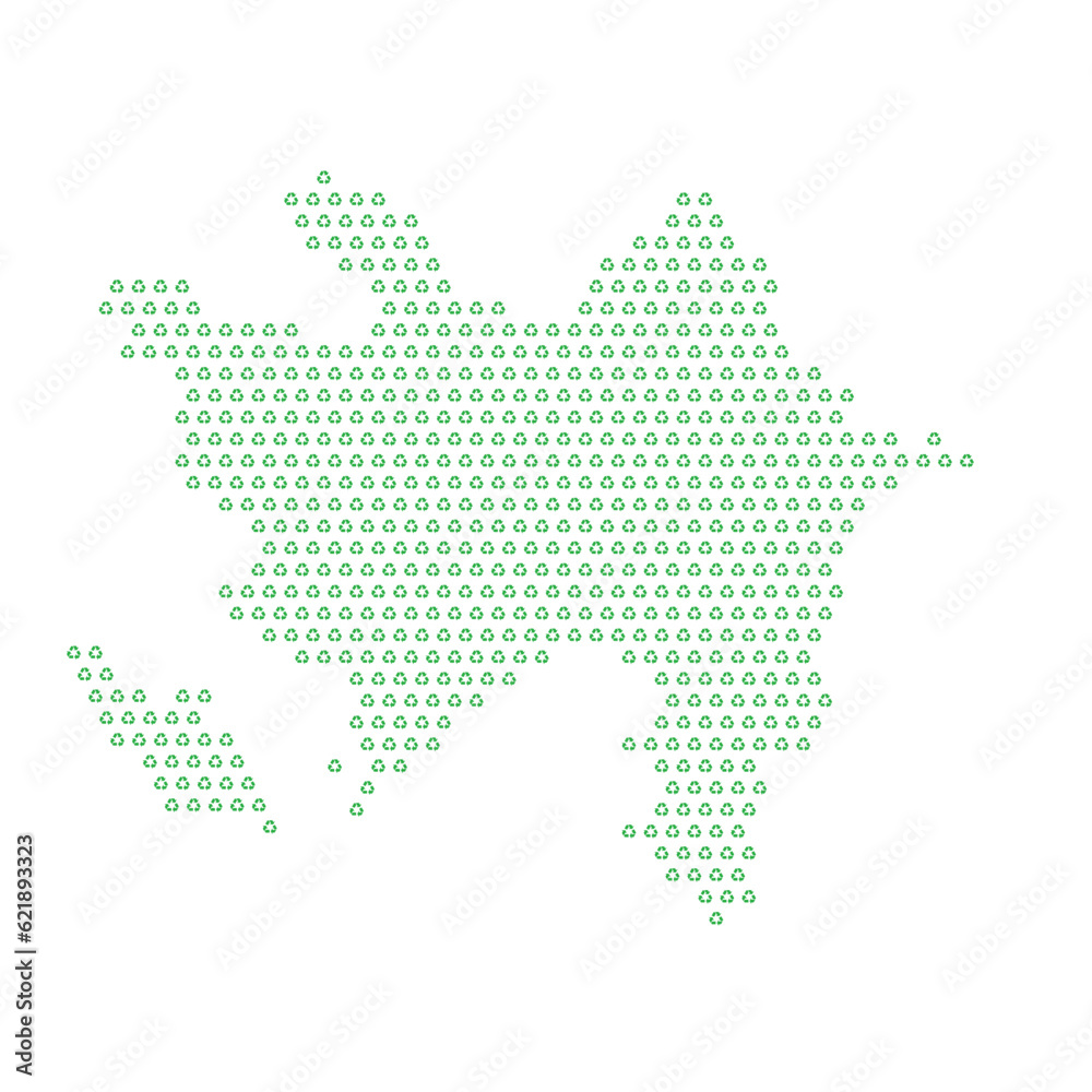 Map of the country of Azerbaijan  with green recycle logo icons texture on a white background