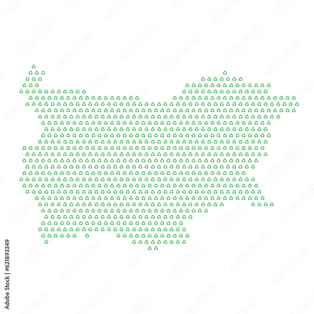 Map of the country of Bulgaria  with green recycle logo icons texture on a white background