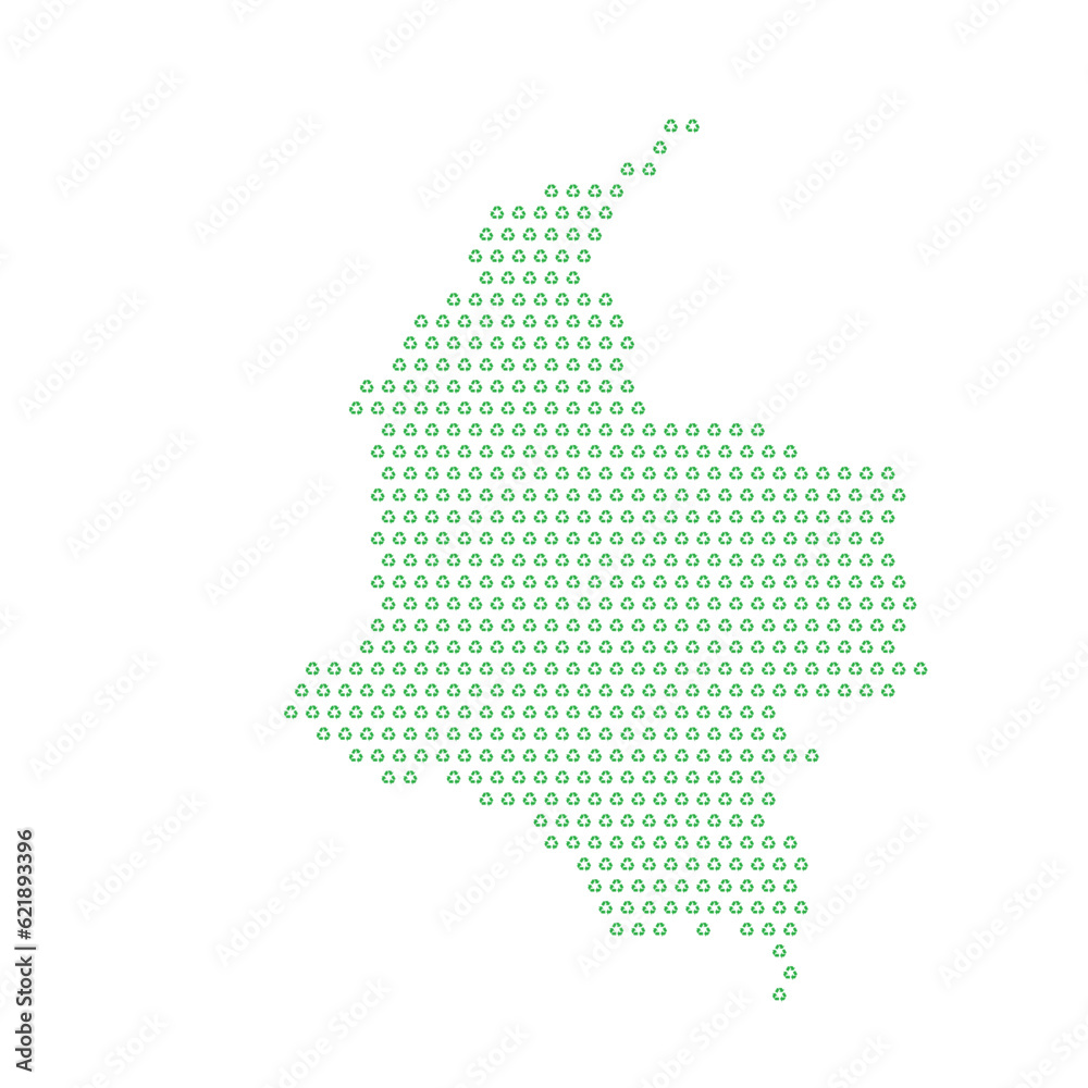 Map of the country of Colombia  with green recycle logo icons texture on a white background