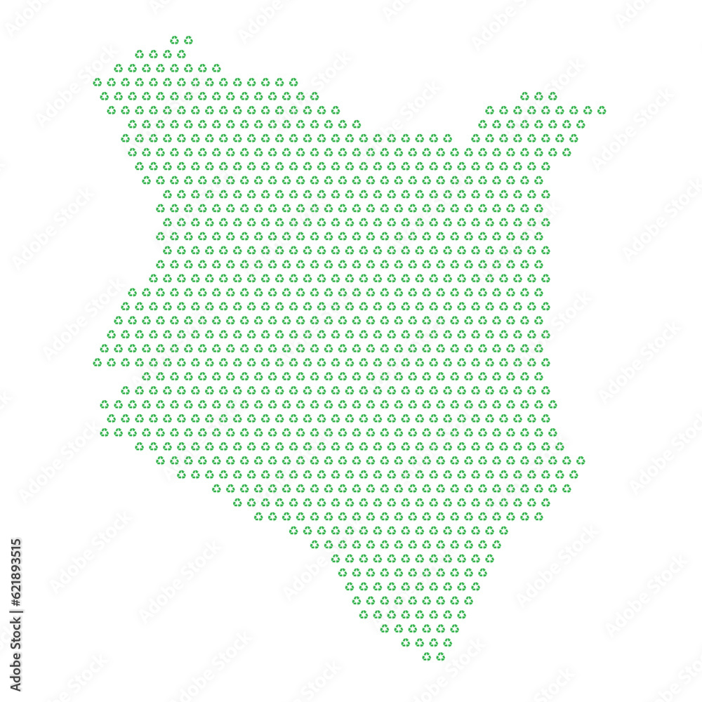Map of the country of Kenya  with green recycle logo icons texture on a white background