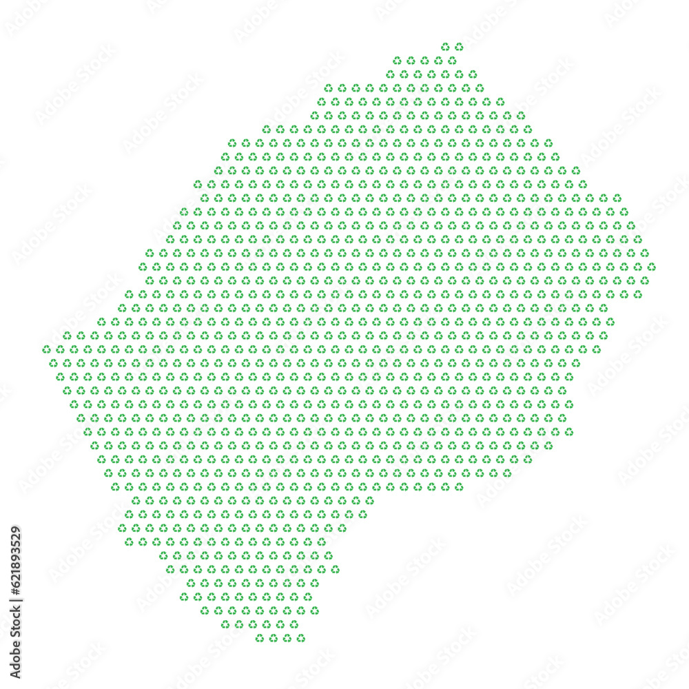 Map of the country of Lesotho  with green recycle logo icons texture on a white background