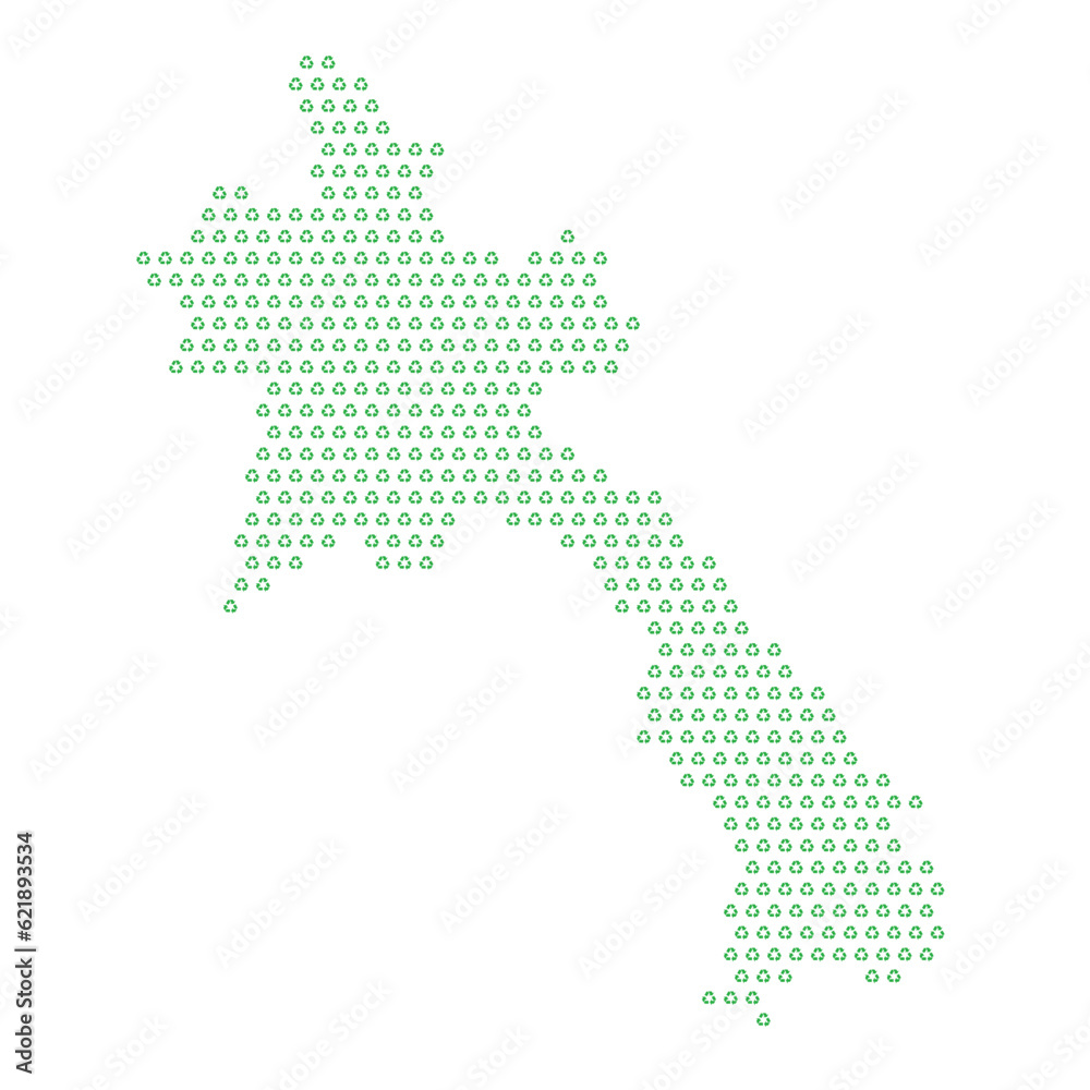 Map of the country of Laos  with green recycle logo icons texture on a white background