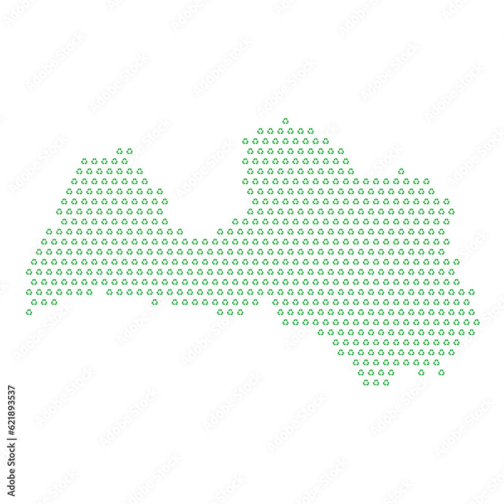 Map of the country of Latvia  with green recycle logo icons texture on a white background