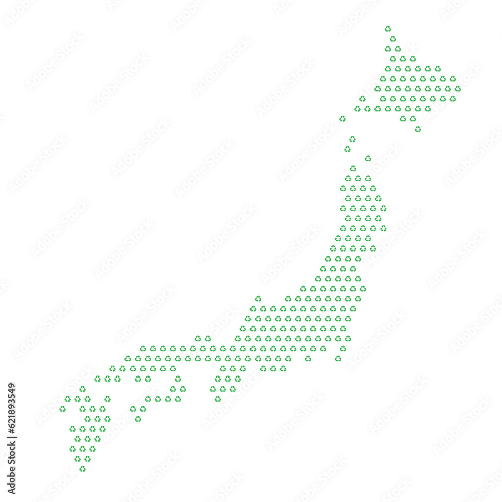 Map of the country of Japan  with green recycle logo icons texture on a white background