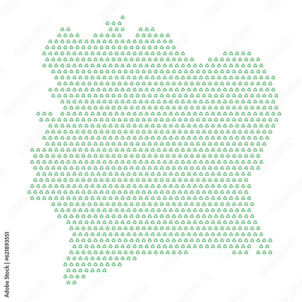 Map of the country of Ivory Coast  with green recycle logo icons texture on a white background