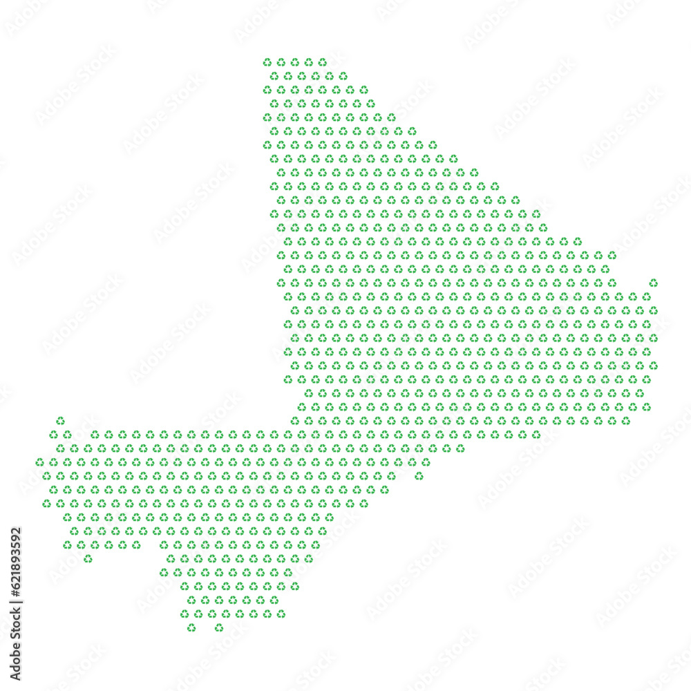 Map of the country of Mali  with green recycle logo icons texture on a white background