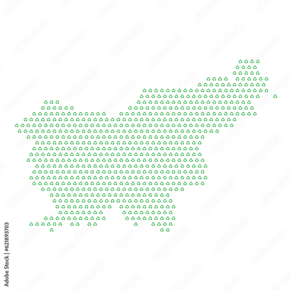 Map of the country of Slovenia  with green recycle logo icons texture on a white background