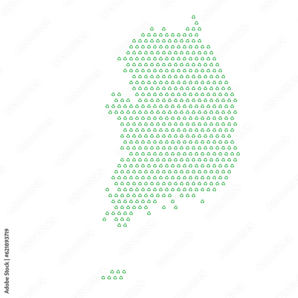 Map of the country of South Korea  with green recycle logo icons texture on a white background