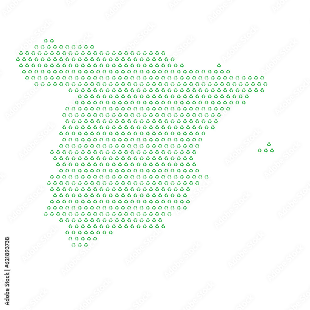 Map of the country of Spain  with green recycle logo icons texture on a white background