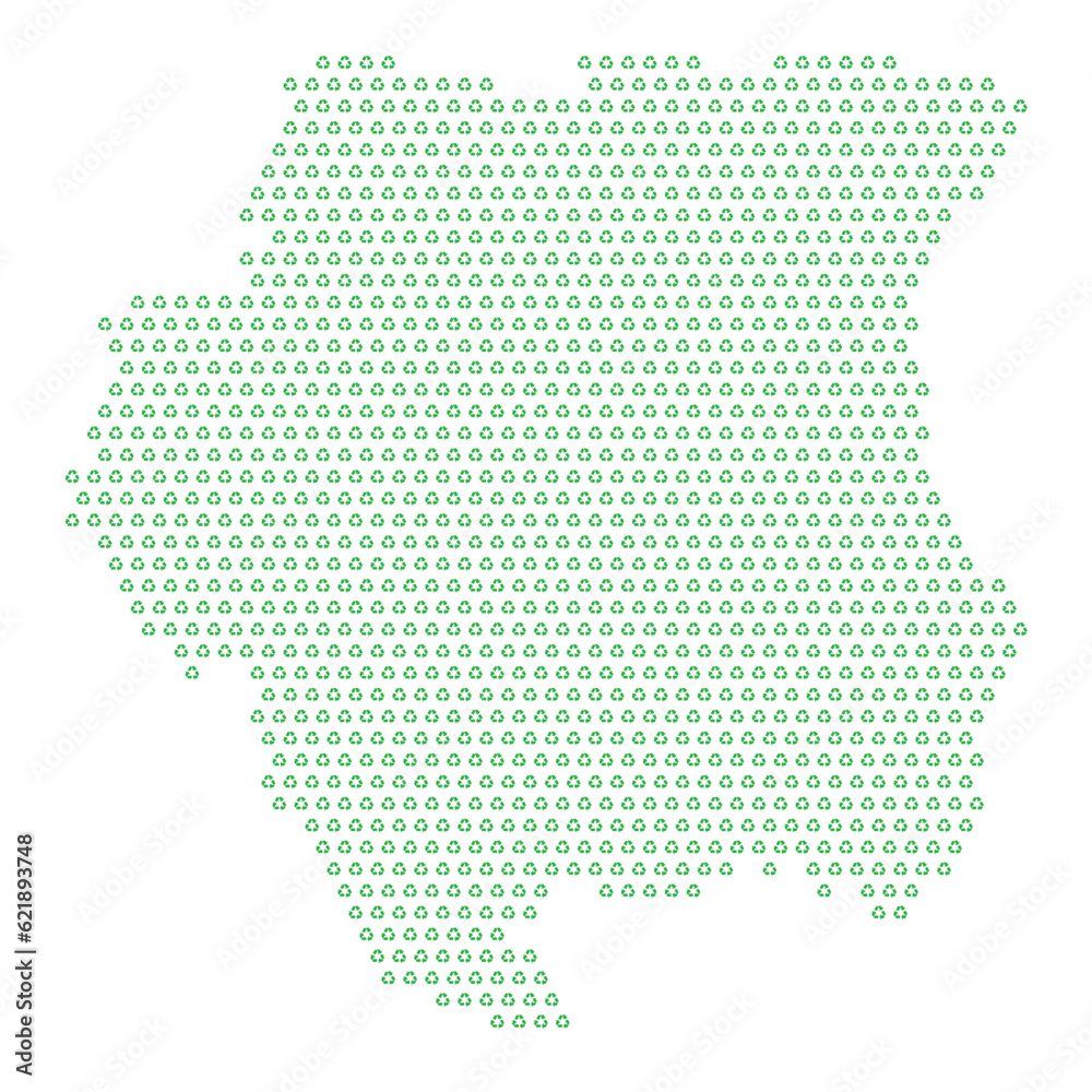Map of the country of Suriname  with green recycle logo icons texture on a white background