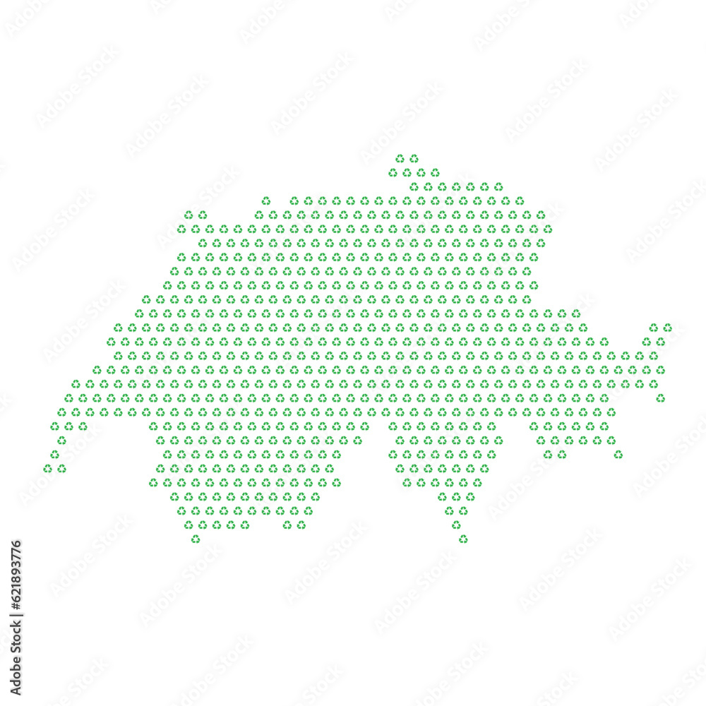 Map of the country of Switzerland  with green recycle logo icons texture on a white background