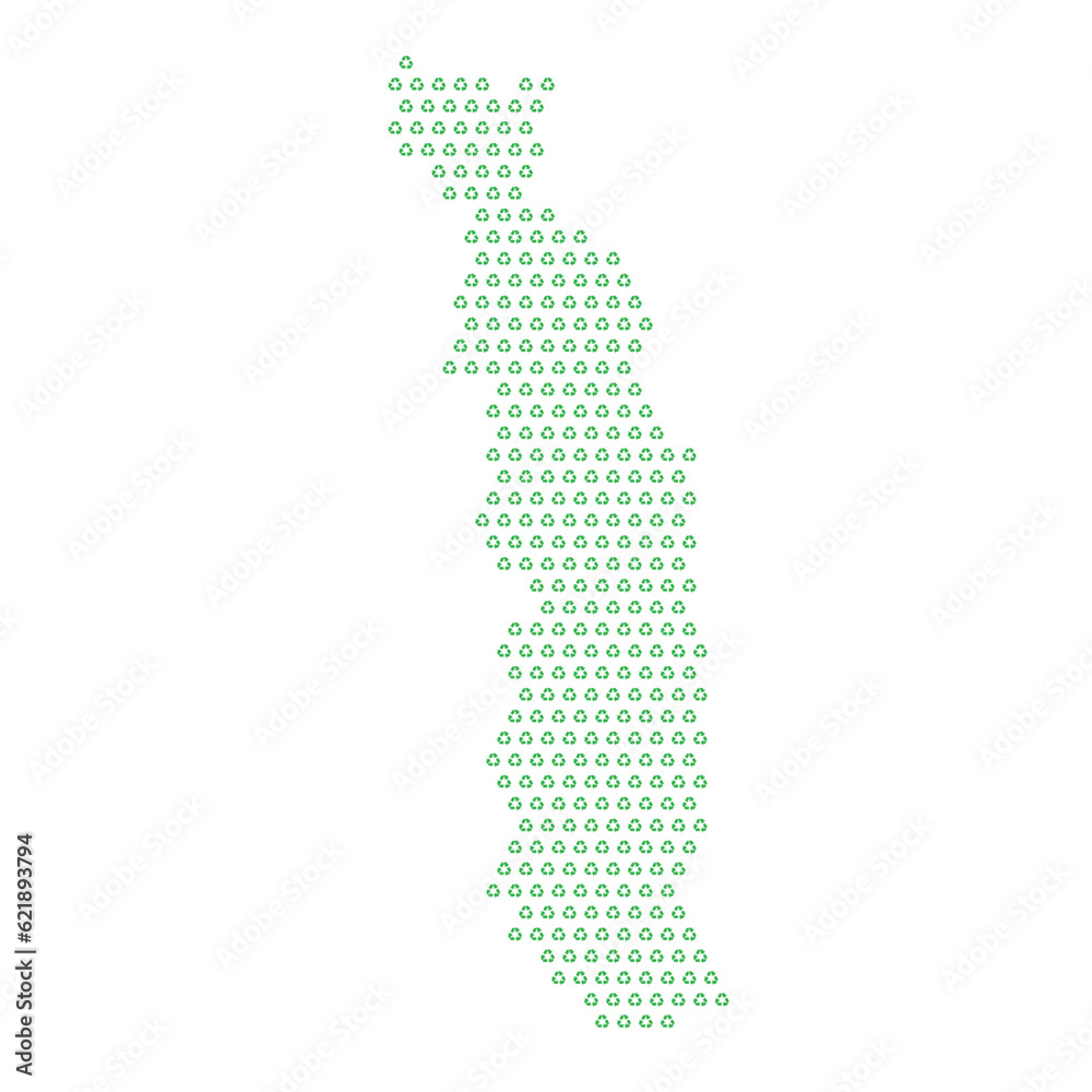 Map of the country of Togo  with green recycle logo icons texture on a white background