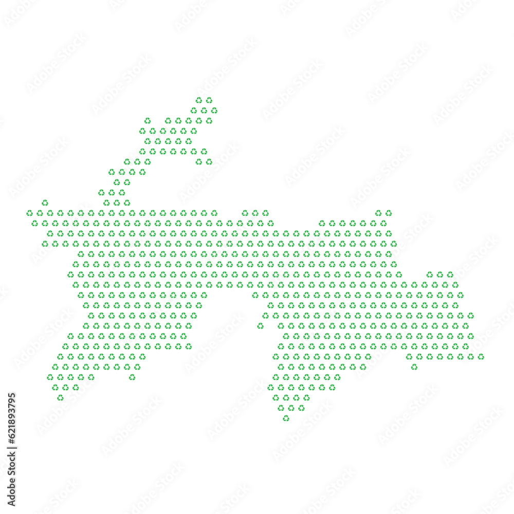 Map of the country of Tajikistan  with green recycle logo icons texture on a white background