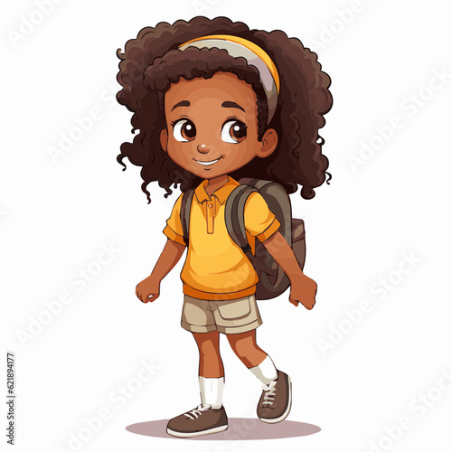 simple cartoon clipart black african american girl student child going to school white background