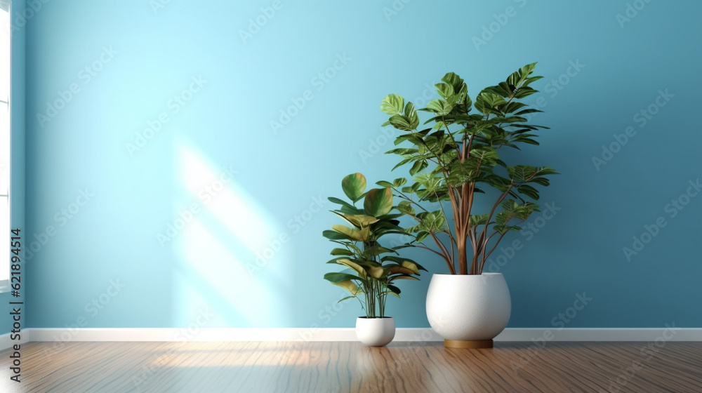 Two potted plants on a wooden floor in a blue room, Generative AI