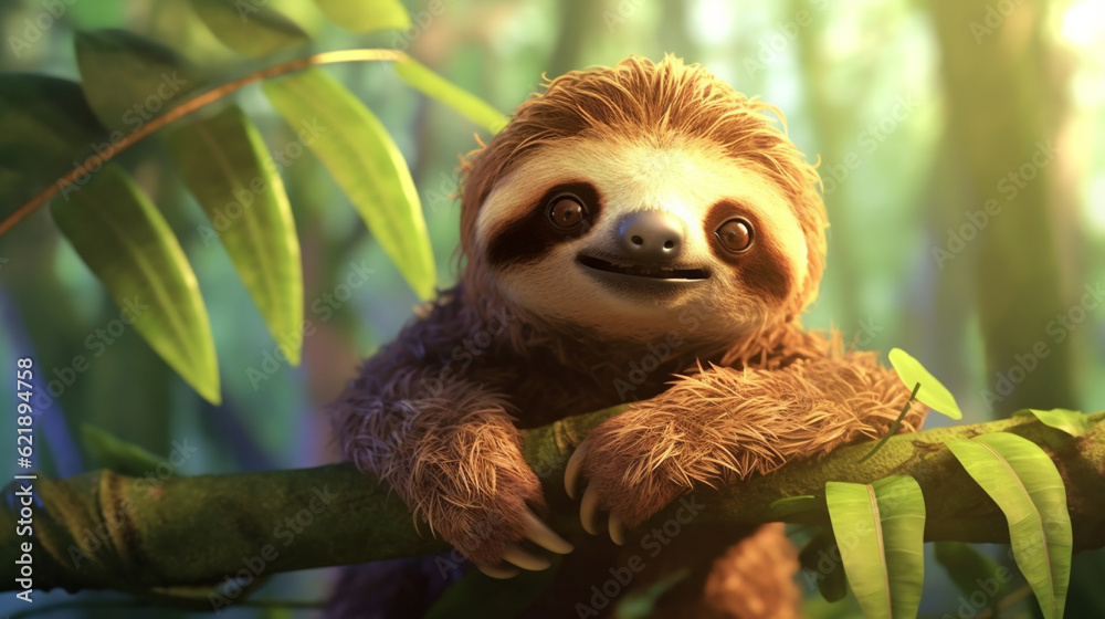 Obraz premium A sloth is sitting on a branch in the jungle, Generative AI
