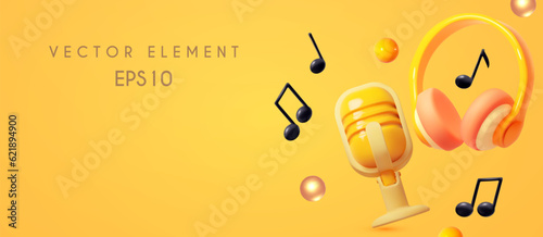 Music concept. Headphones. music notes and retro vocal microphone.