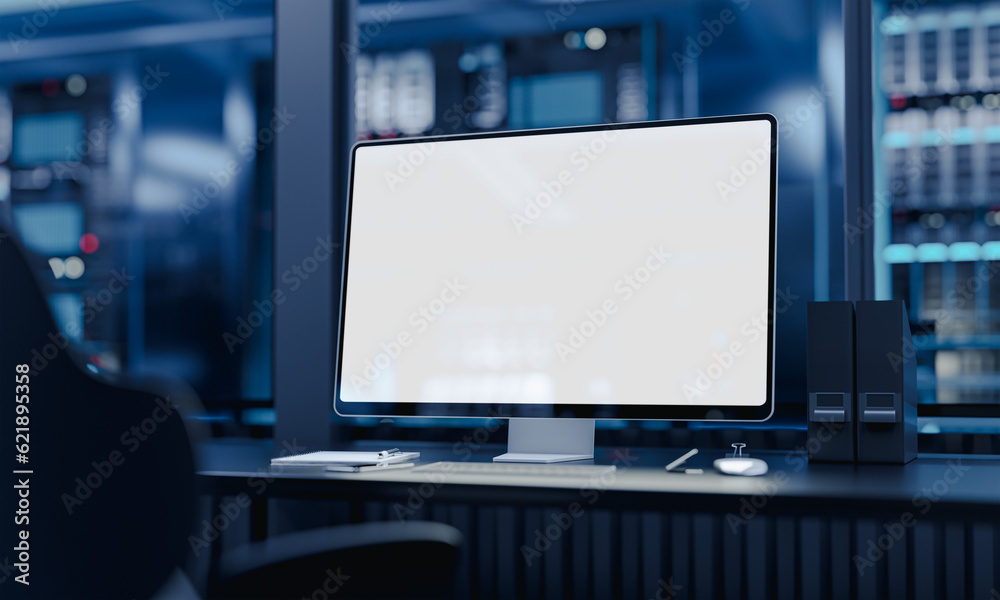 Naklejka premium Scientific computer in a laboratory or server room with blank screen - template. 3d render