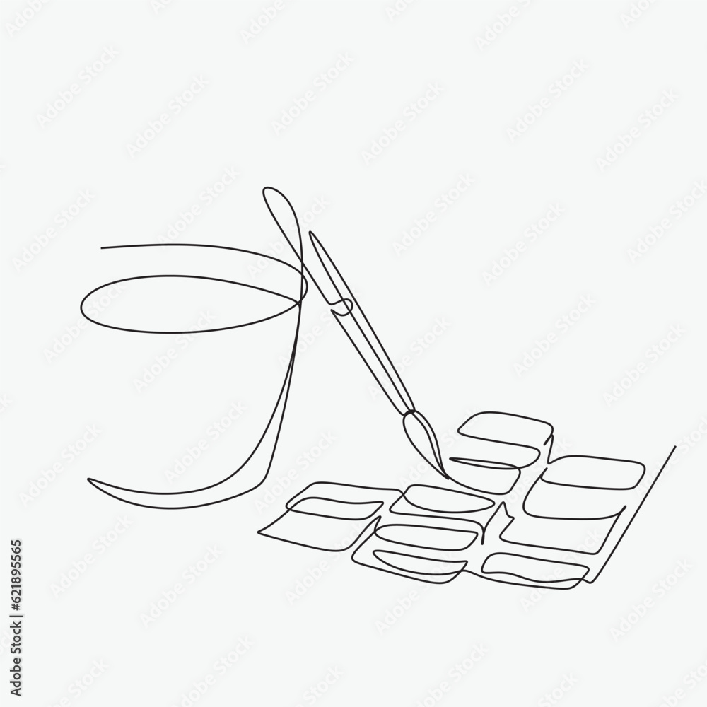 Single one line drawing of brush paint with watercolour palette. Back to school minimalist, art education concept. Continuous simple line draw style design graphic vector illustration