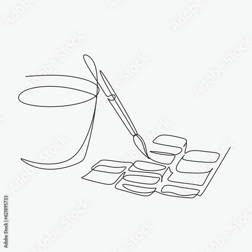 Single one line drawing of brush paint with watercolour palette. Back to school minimalist, art education concept. Continuous simple line draw style design graphic vector illustration