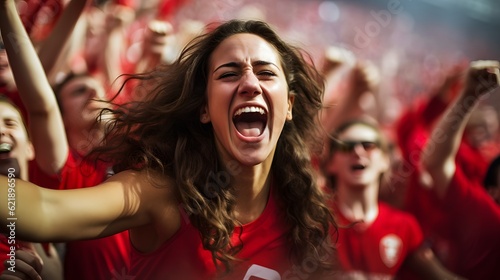 female soccer fan celebrating the victory of her team. Soccer woman.