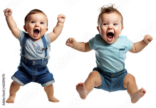 Tela set of emotional, happy, excited, cheering baby toddler child - celebrating, throwing arms up